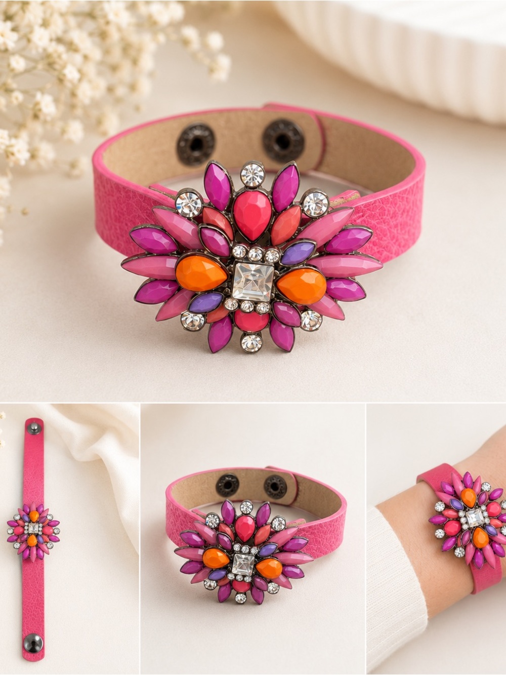 Cara New York Pink Leather Floral Statement Cuff Bracelet with Crystal Accents